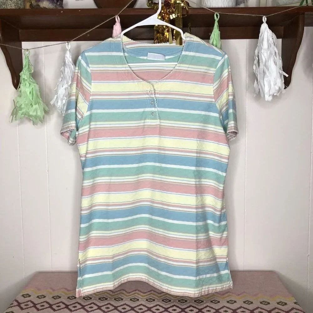 Blair Womens Stripe Buttoned Short Sleeve Top Pastel Size Medium